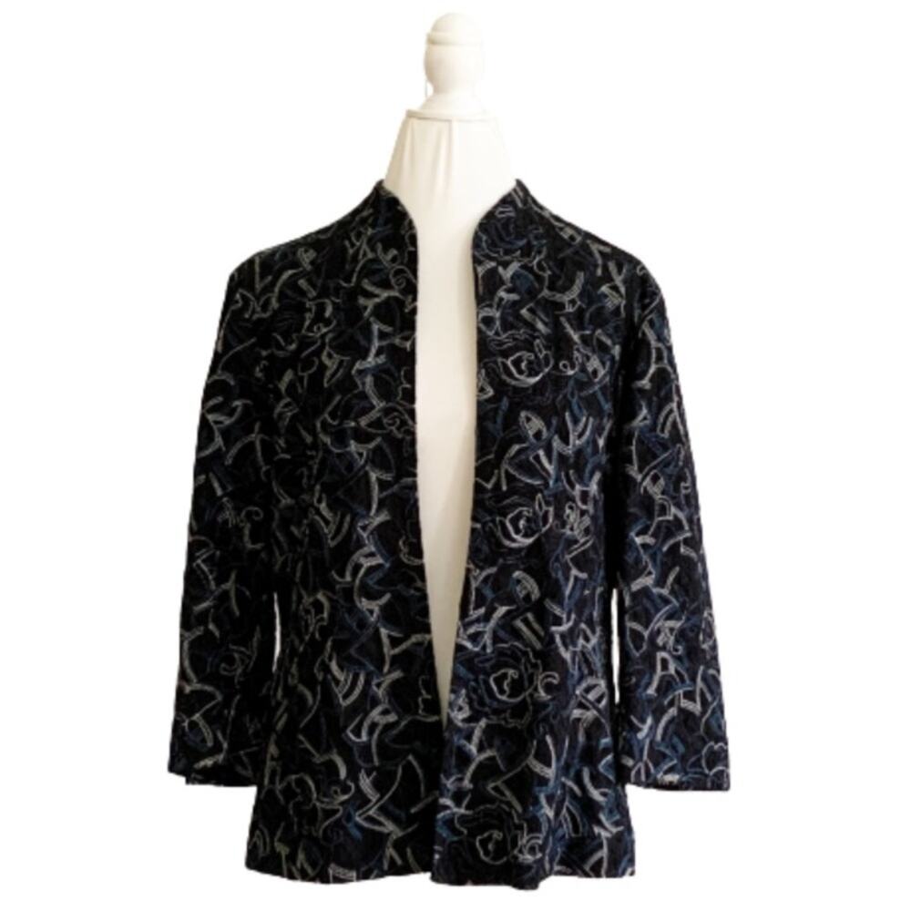 Chico’s Jacket Black Embroidered 3/4 Sleeve Open Front Jacket Blazer Size Medium